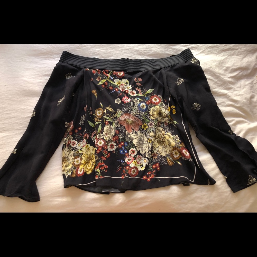 ZARA long sleeve off the shoulder botanical top.